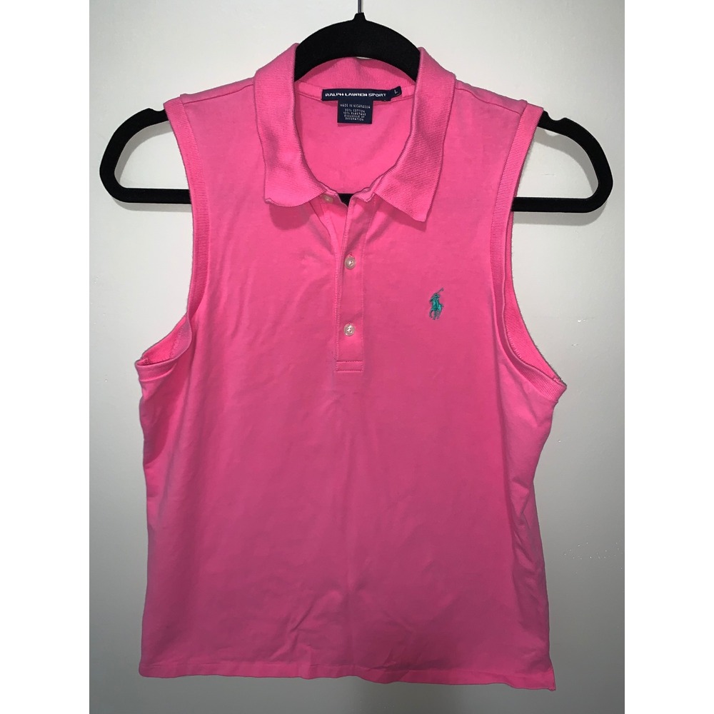 Ralph Lauren Sport Womens Pink Sleeveless Polo Shirt Size L Teal Pony Logo